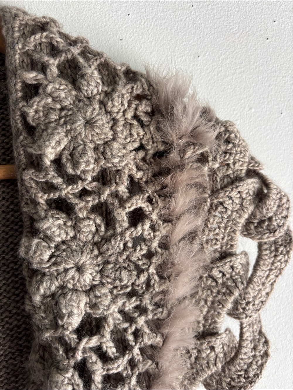 Lavish Taupe Crochet Wool Knit & rabbit fur trim Sweater Vest - Picture 3 of 8
